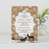 Rustic Burlap Snowflake Deer Couples Shower Invite Kaart (Staand voorkant)