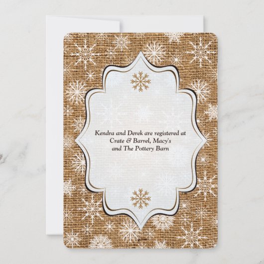 Rustic Burlap Snowflake Deer Couples Shower Invite Kaart (Achterkant)