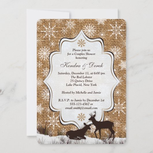 Rustic Burlap Snowflake Deer Couples Shower Invite Kaart (Voorkant)