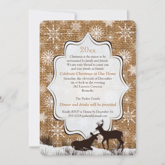 Rustic Burlap Snowflakes Deer Holiday Party nodigt Kaart (Voorkant)