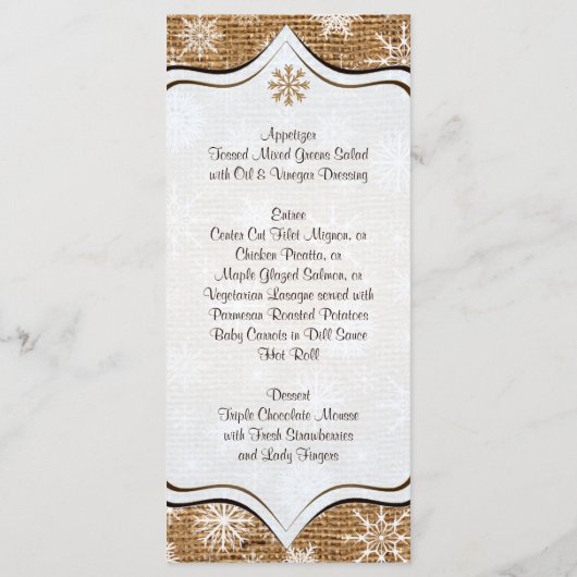 Rustic Burlap, Snowflakes & Deer Wedding Menu Kaar (Achterkant)