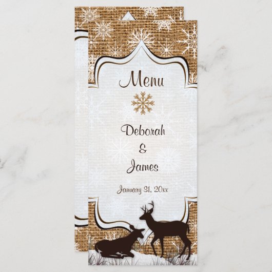 Rustic Burlap, Snowflakes & Deer Wedding Menu Kaar (Voorkant / Achterkant)