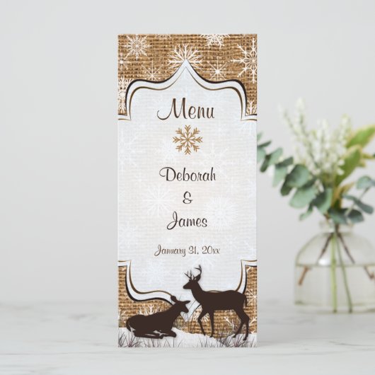 Rustic Burlap, Snowflakes & Deer Wedding Menu Kaar (Staand voorkant)