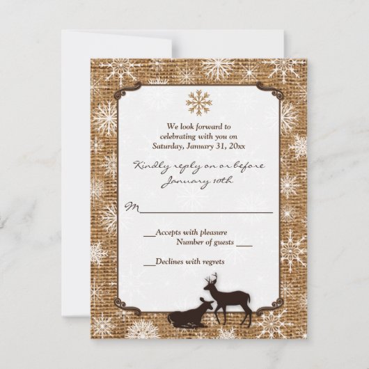 Rustic Burlap, Snowflakes en Deer Wedding RSVP Kaart (Voorkant)