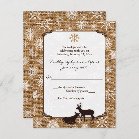 Rustic Burlap, Snowflakes en Deer Wedding RSVP Kaart (Voorkant / Achterkant)