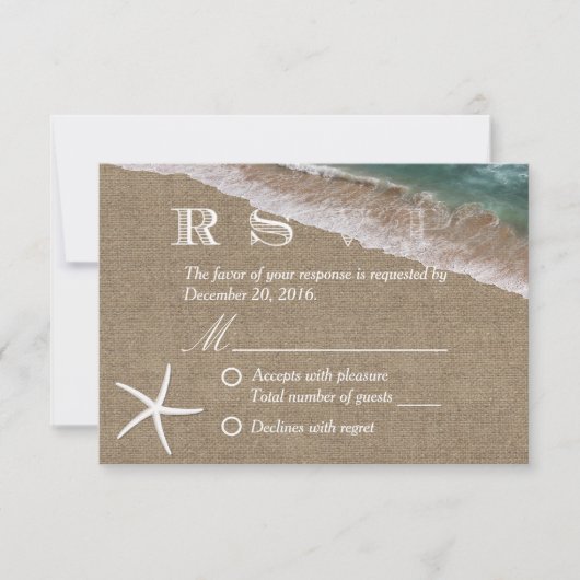 Rustic Burlap Starfish Beach Wedding RSVP Kaartje (Voorkant)