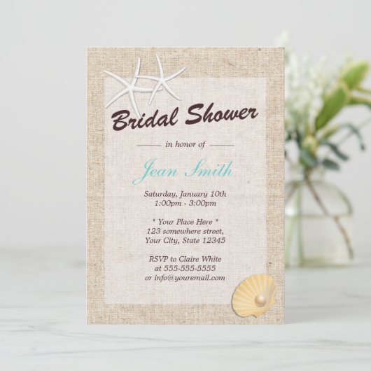 Rustic Burlap Starfish Bridal Shower Invitations Kaart (Staand voorkant)