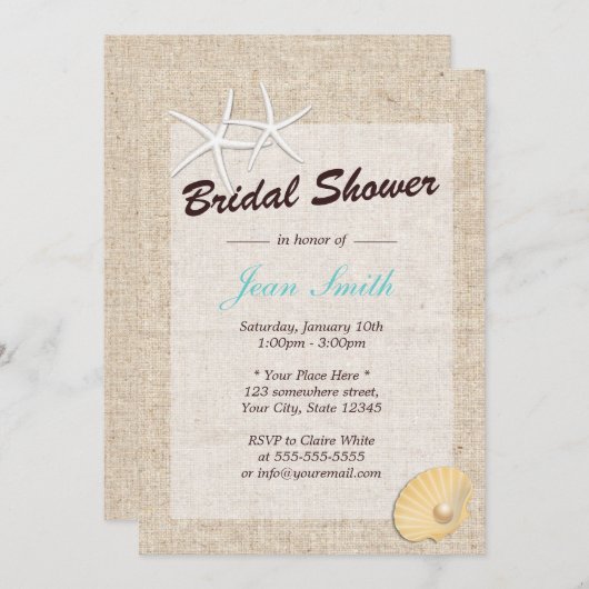 Rustic Burlap Starfish Bridal Shower Invitations Kaart (Voorkant / Achterkant)