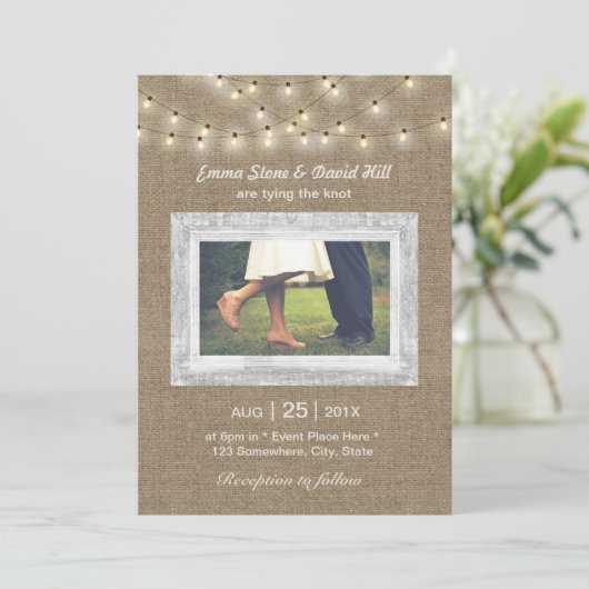 Rustic Burlap String Lights Elegant Photo Wedding Kaart (Staand voorkant)