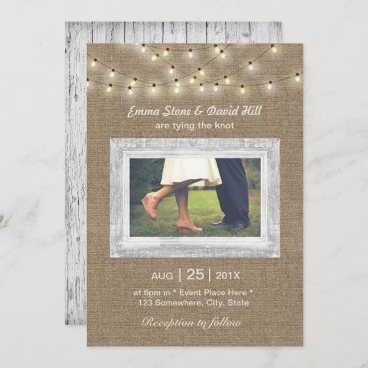 Rustic Burlap String Lights Elegant Photo Wedding Kaart (Voorkant / Achterkant)
