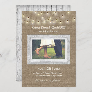 Rustic Burlap String Lights Elegant Photo Wedding Kaart