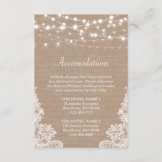 Rustic Burlap String Lights Lace Wedding Details Informatiekaartje (Achterkant)