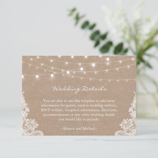 Rustic Burlap String Lights Lace Wedding Details Informatiekaartje (Staand voorkant)