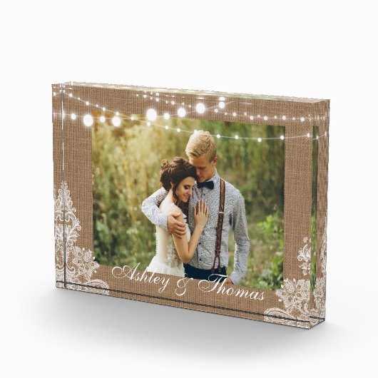 Rustic Burlap String Lights Lace Wedding Fotoblokken (Rechts)