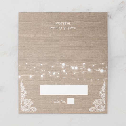 Rustic Burlap String Lights Lace Wedding Plaatskaartje (Buitenkant ongevouwen)
