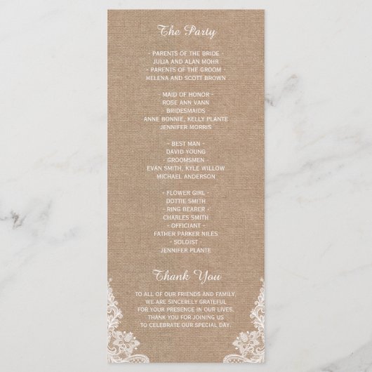 Rustic Burlap String Lights Lace Wedding Program Programmakaart (Achterkant)