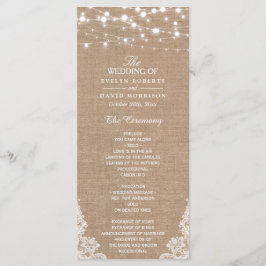 Rustic Burlap String Lights Lace Wedding Program Programmakaart