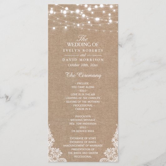 Rustic Burlap String Lights Lace Wedding Program Programmakaart (Voorkant)