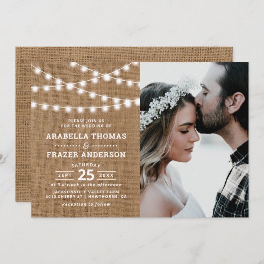 Rustic Burlap String Lights Photo Wedding Kaart (Voorkant / Achterkant)