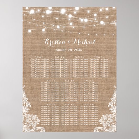 Rustic Burlap String Lights Wedding Seating Chart Poster (Voorkant)