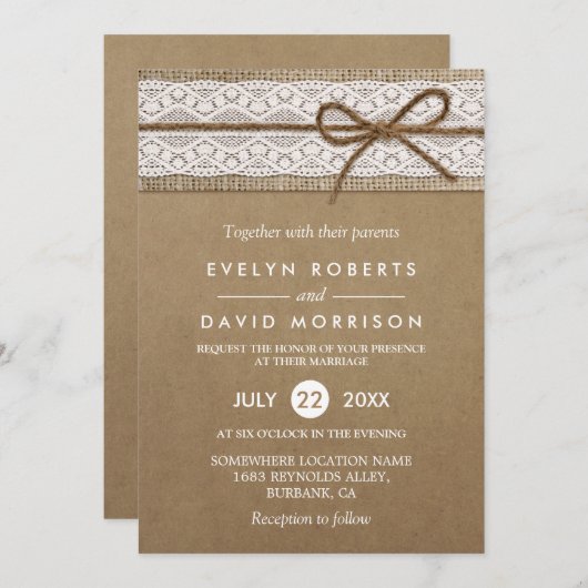 Rustic Burlap String Tied in een Boog Lace Wedding Kaart (Voorkant / Achterkant)