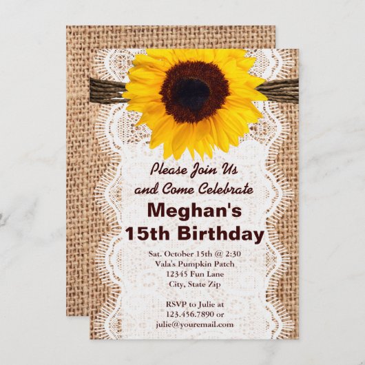 Rustic Burlap Sunflower Birthday Party Invitations Kaart (Voorkant / Achterkant)