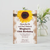 Rustic Burlap Sunflower Birthday Party Invitations Kaart (Staand voorkant)