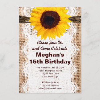 Rustic Burlap Sunflower Birthday Party Invitations Kaart