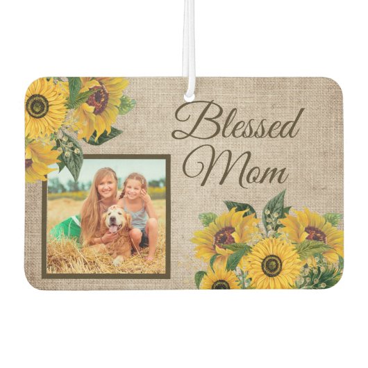 Rustic Burlap Sunflower Blessed Mam Foto Luchtverfrisser (Voorkant)