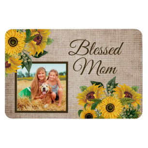 Rustic Burlap Sunflower Blessed Mam Foto Magneet