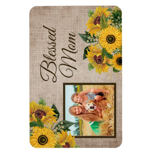 Rustic Burlap Sunflower Blessed Mam Foto Magneet (Verticaal)