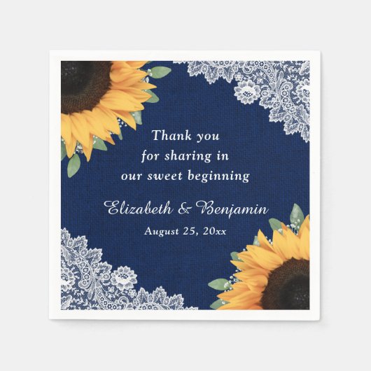 Rustic Burlap Sunflower en Navy Blue Wedding Servet (Voorkant)