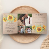 Rustic Burlap Sunflower Foto Collage Wedding Drieluik Uitnodiging