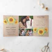 Rustic Burlap Sunflower Foto Collage Wedding Drieluik Uitnodiging (Binnen)