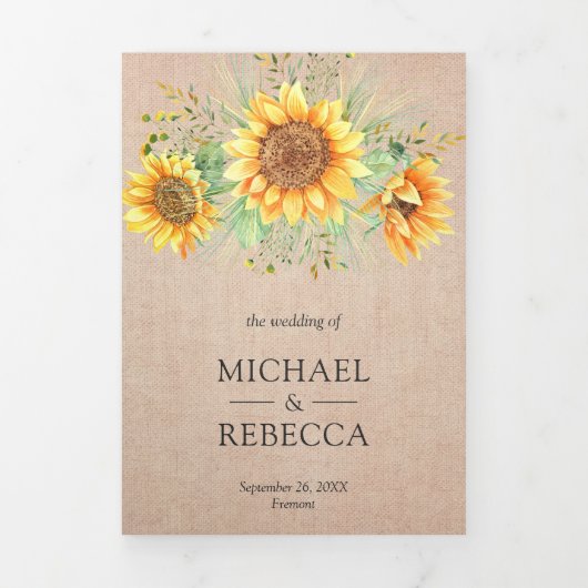 Rustic Burlap Sunflower Foto Collage Wedding Drieluik Uitnodiging (Cover)