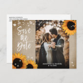 Rustic Burlap Sunflower Foto Save the Date Aankondigingskaart (Voorkant / Achterkant)