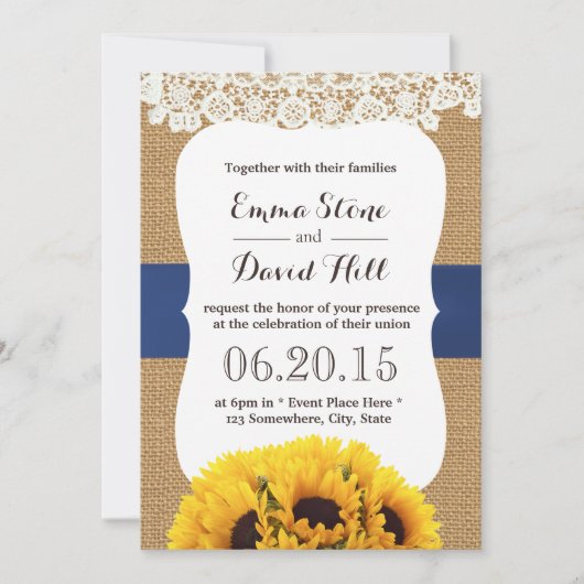 Rustic Burlap Sunflower Laced Wedding Kaart (Voorkant)