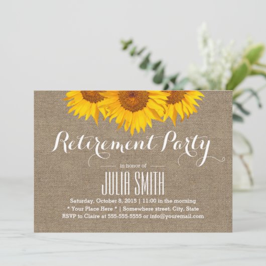 Rustic Burlap Sunflower Retirement Party Kaart (Staand voorkant)