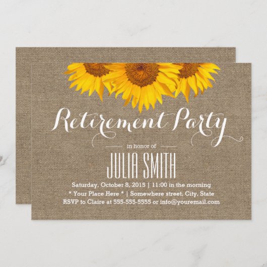 Rustic Burlap Sunflower Retirement Party Kaart (Voorkant / Achterkant)