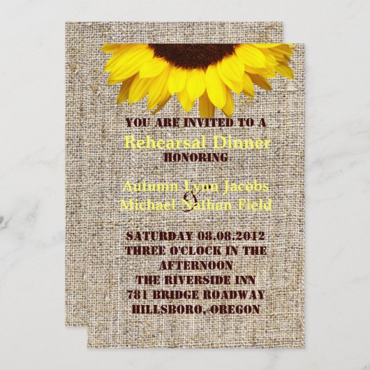 Rustic Burlap Sunflower Wedding-diner Kaart (Voorkant / Achterkant)