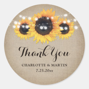 Rustic Burlap Sunflower Wedding Favor Ronde Sticker