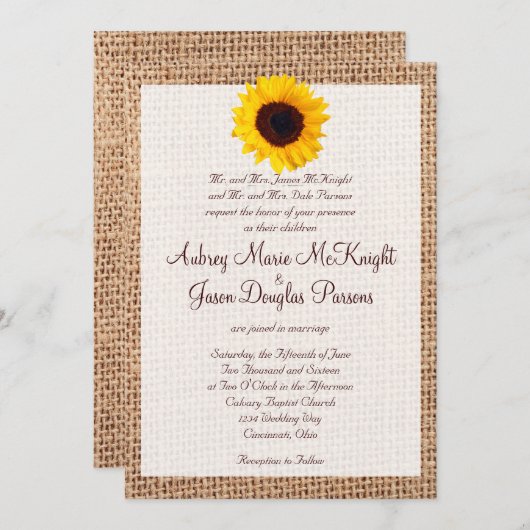 Rustic Burlap Sunflower Wedding Invitting Kaart (Voorkant / Achterkant)