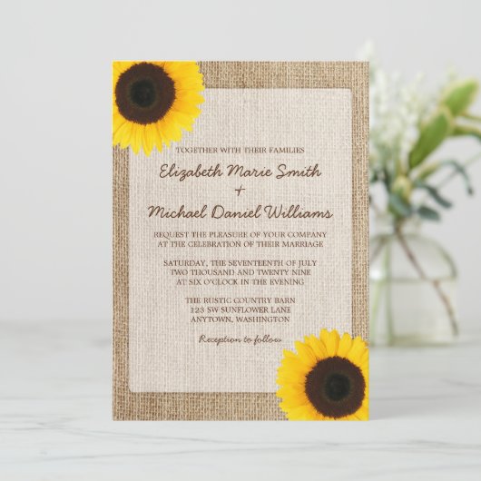 Rustic Burlap Sunflower Wedding Invitting Kaart (Staand voorkant)