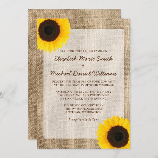 Rustic Burlap Sunflower Wedding Invitting Kaart (Voorkant / Achterkant)