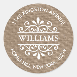 Rustic Burlap  Swirls Custom Return-adres Ronde Sticker
