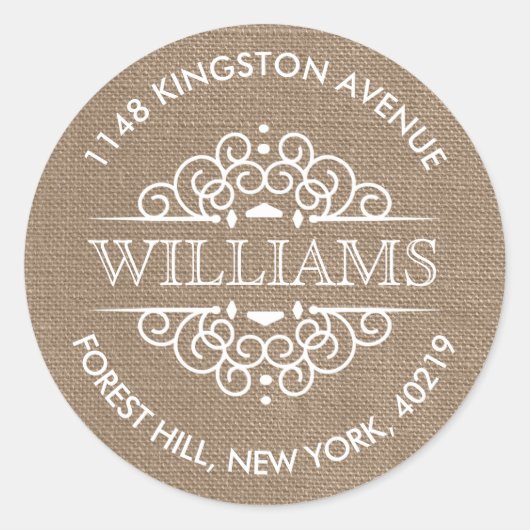 Rustic Burlap  Swirls Custom Return-adres Ronde Sticker (Voorkant)