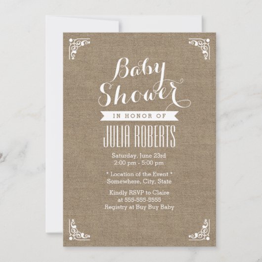 Rustic Burlap Texture Baby Shower Invitations Kaart (Voorkant)