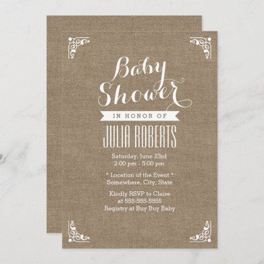 Rustic Burlap Texture Baby Shower Invitations Kaart (Voorkant / Achterkant)