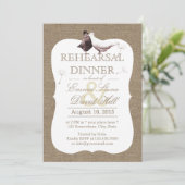 Rustic Burlap Tortelduifjes Rehearsal Dinner Kaart (Staand voorkant)