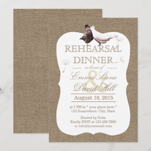Rustic Burlap Tortelduifjes Rehearsal Dinner Kaart (Voorkant / Achterkant)